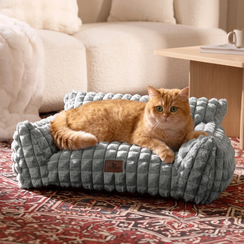 24-Inch Faux Rabbit Fur Pet Couch Bed for Cats - Luxurious 3D Diamond Pattern, Removable and Washable Cover, Non-Slip Base, Ideal for Small Dogs and Kittens
