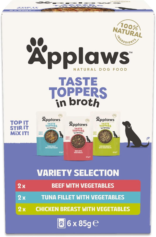 Natural Wet Dog Food Pouch, Grain Free Meat and Fish Selection in Broth 6 X 85G Pouches