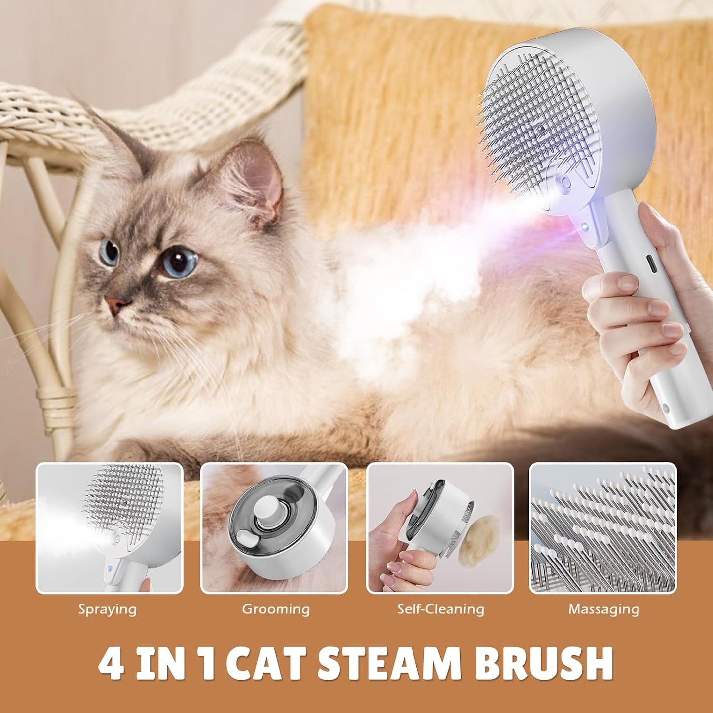 Spritz Defur Comb for Cats 2026 Cat Steam Brush for Grooming 4 in 1 Spray Cat Comb for Shedding Steamy Dog Brushes for Long Short Haired Cats Dogs Kitten Rabbit Pets Grooming Brush for Massage Clean