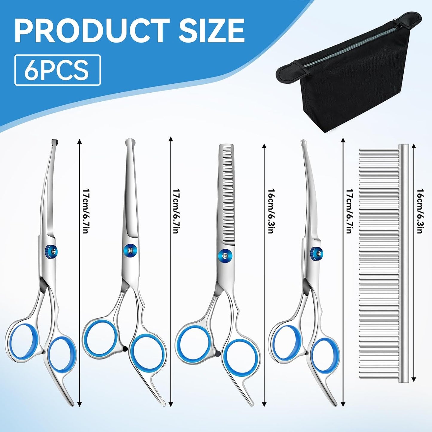 Professional 6-Piece Curved Dog Grooming Scissors Set with Safety Round Tips and Storage Bag - Stainless Steel Pet Hair Trimming Tools