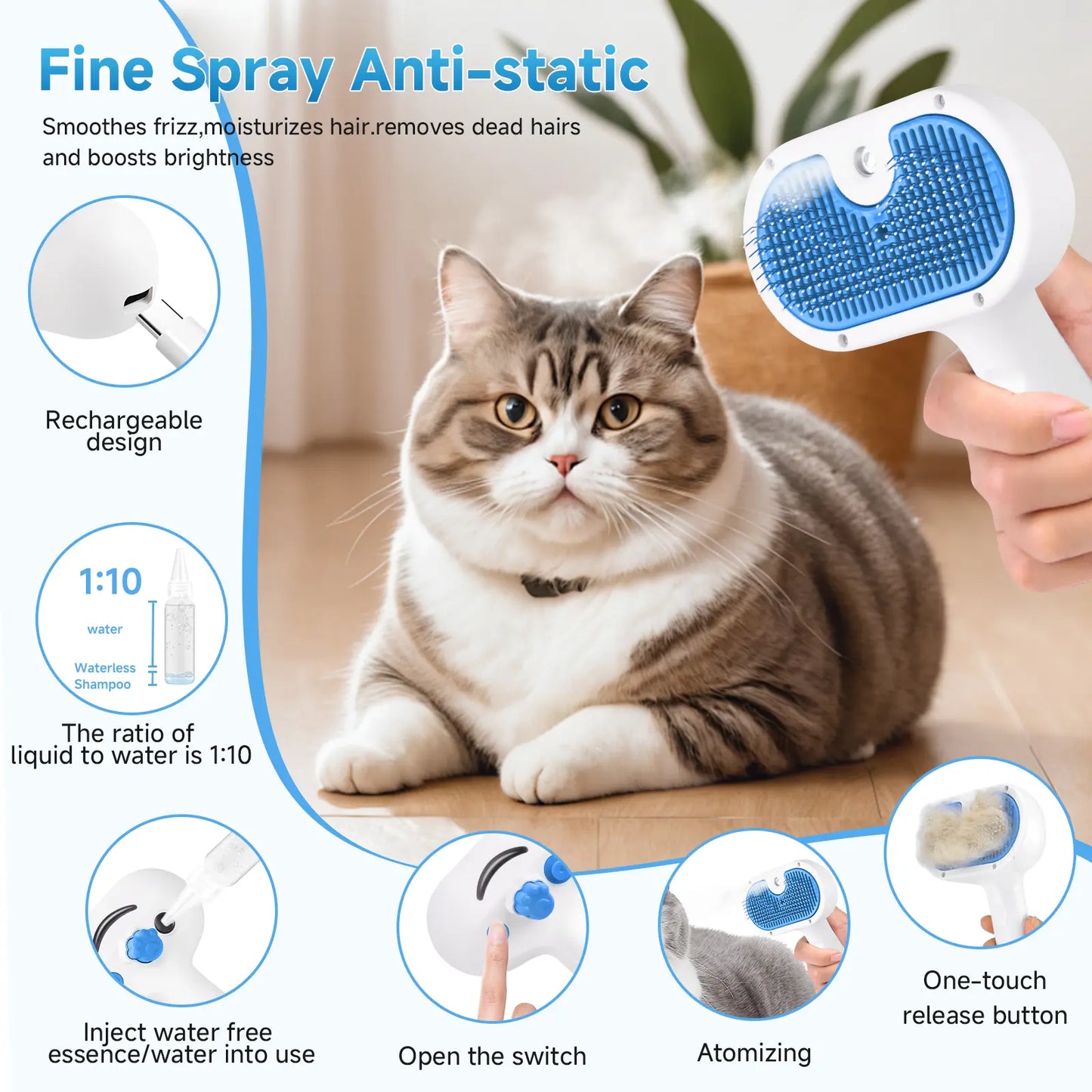 Professional Pet Steam Grooming Brush for Dogs and Cats - 3-in-1 Self-Cleaning Spray Comb with Mist for Shedding and Hair Removal - Includes Waterless Shampoo, Blue