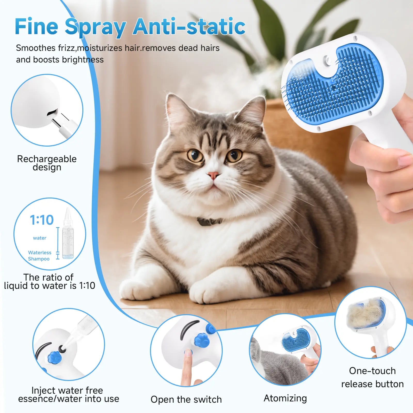 Professional Pet Steam Grooming Brush for Dogs and Cats - 3-in-1 Self-Cleaning Spray Comb with Mist for Shedding and Hair Removal - Includes Waterless Shampoo, Blue
