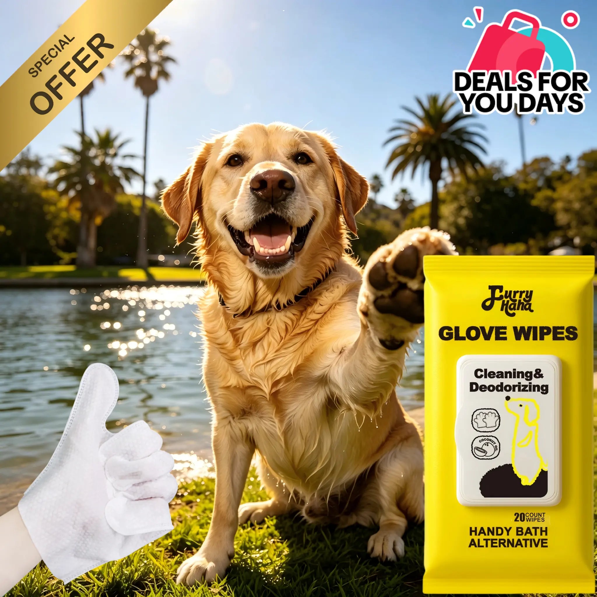 PRO Pet Glove Wipes - No-Rinse Grooming Solution for Dogs and Cats (20 Count) | Hypoallergenic, Deodorizing, and Eco-Friendly | Extra Thick, Natural Ingredients for Daily Care and Travel | Flexible Glove-Fit Design for Controlled Cleaning