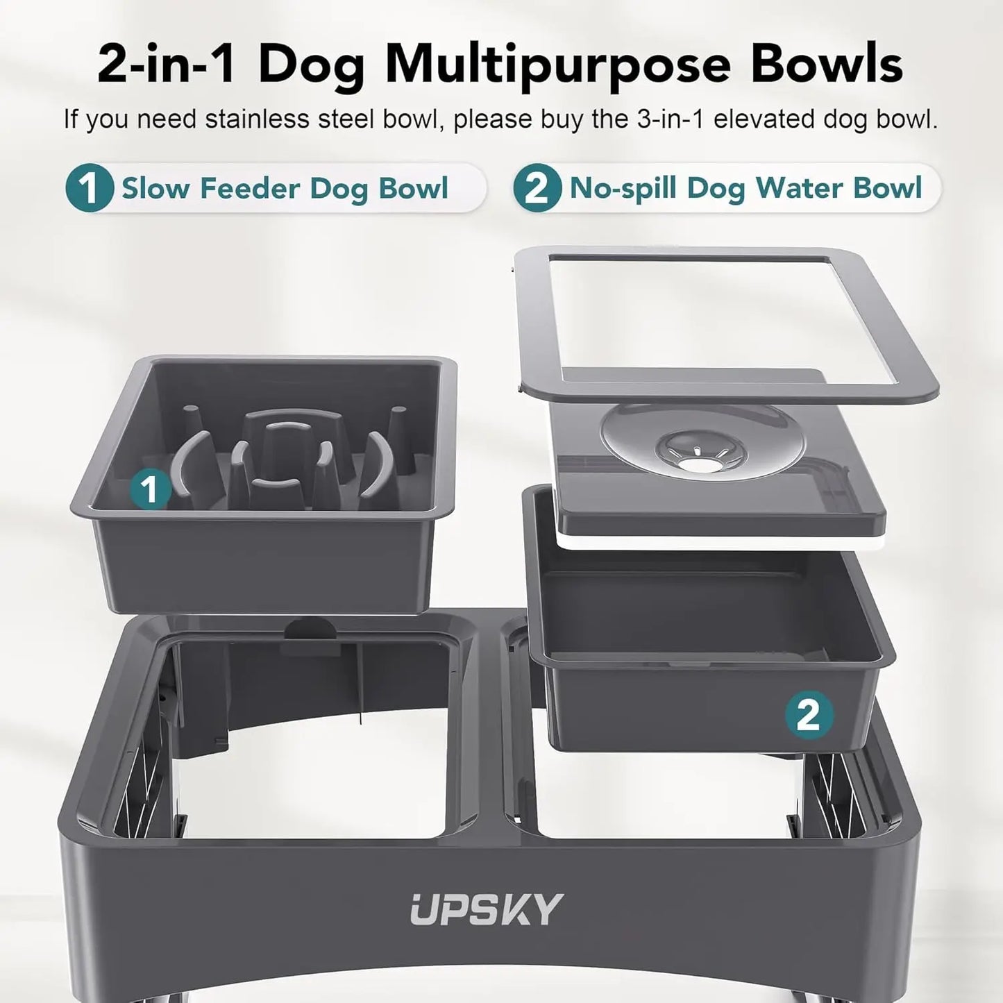 UPSKY 2-in-1 Elevated Slow Feeder Dog Bowl Set with Height-Adjustable Stand and Anti-Spill Design for Small to Medium Dogs