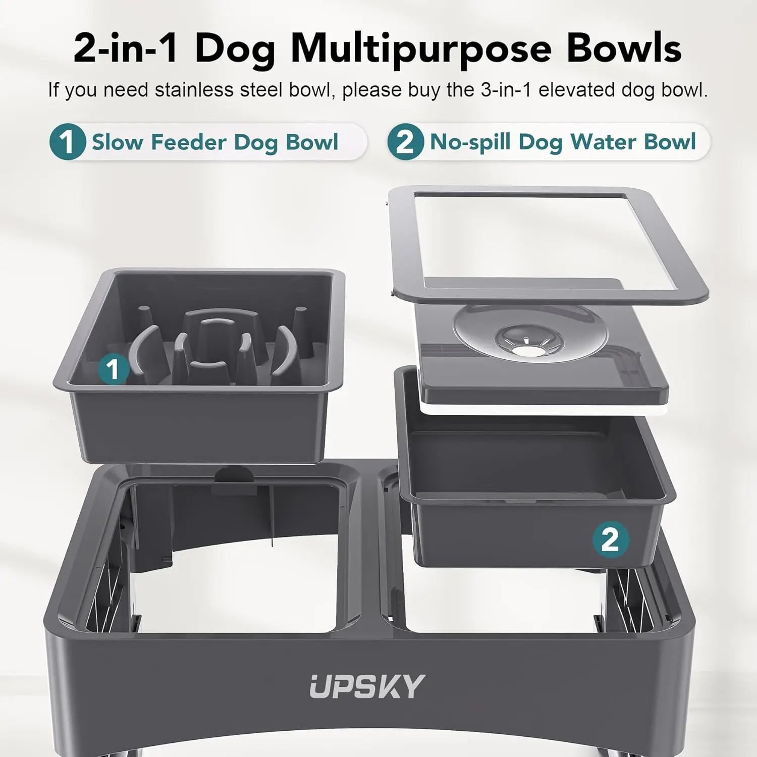 UPSKY 2-in-1 Elevated Slow Feeder Dog Bowl Set with Height-Adjustable Stand and Anti-Spill Design for Small to Medium Dogs