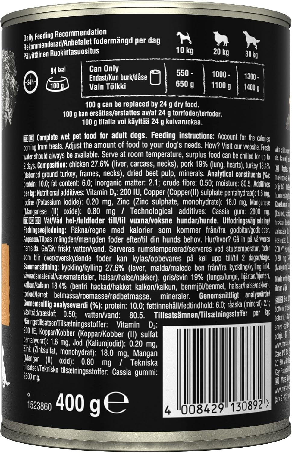 Chicken and Turkey in Loaf 6 X 400 G Cans, Premium Adult Wet Dog Food