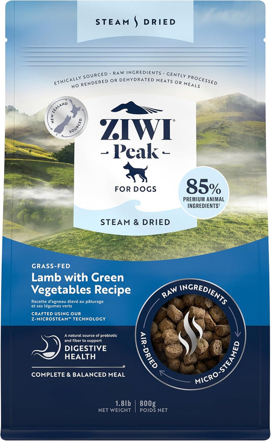 ZIWI Peak Steam & Dried Grass-Fed Lamb with Green Vegetables, 800 G - High Protein, Grain Free Dog Food Dry, Raw Dog Food Alternative