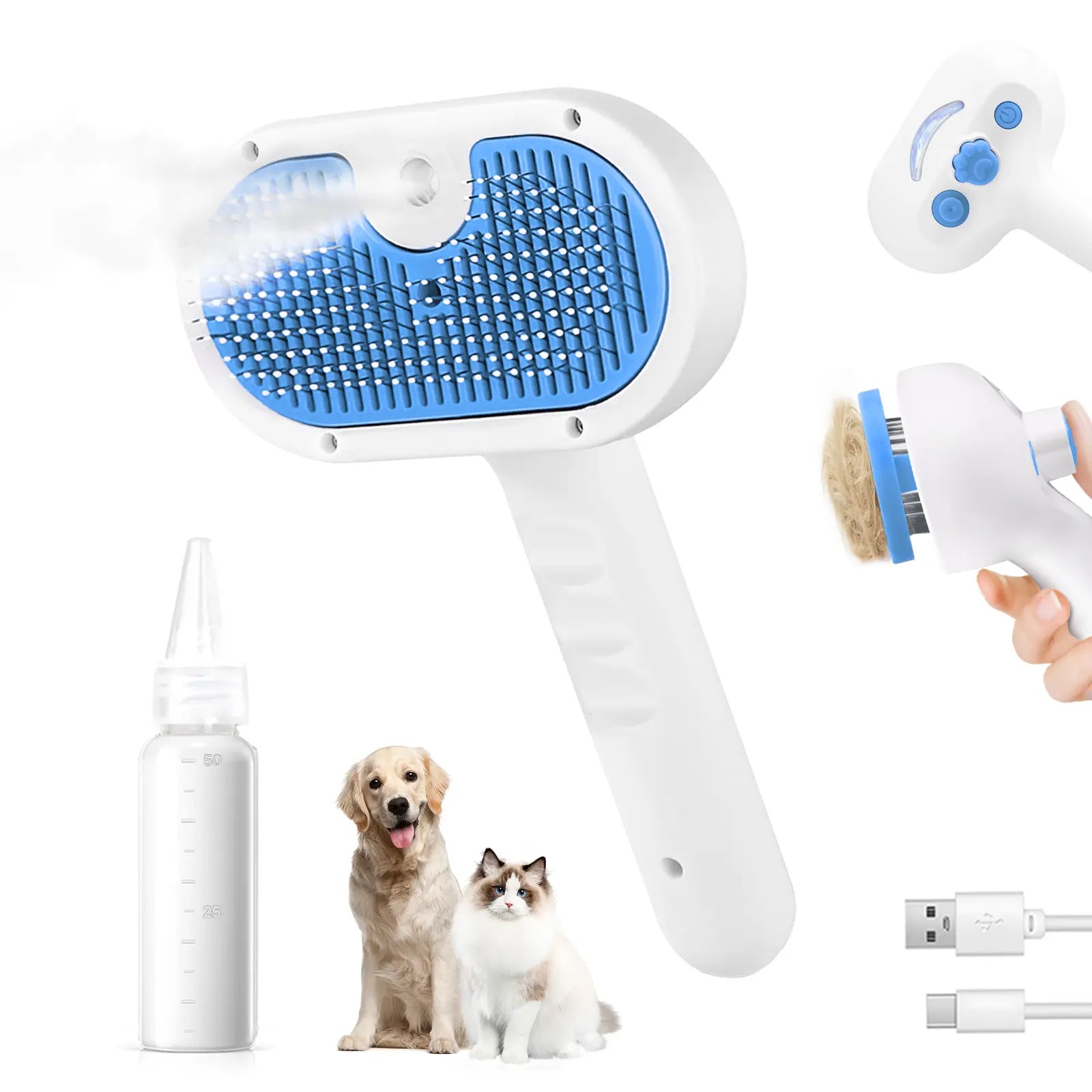 Professional Pet Steam Grooming Brush for Dogs and Cats - 3-in-1 Self-Cleaning Spray Comb with Mist for Shedding and Hair Removal - Includes Waterless Shampoo, Blue