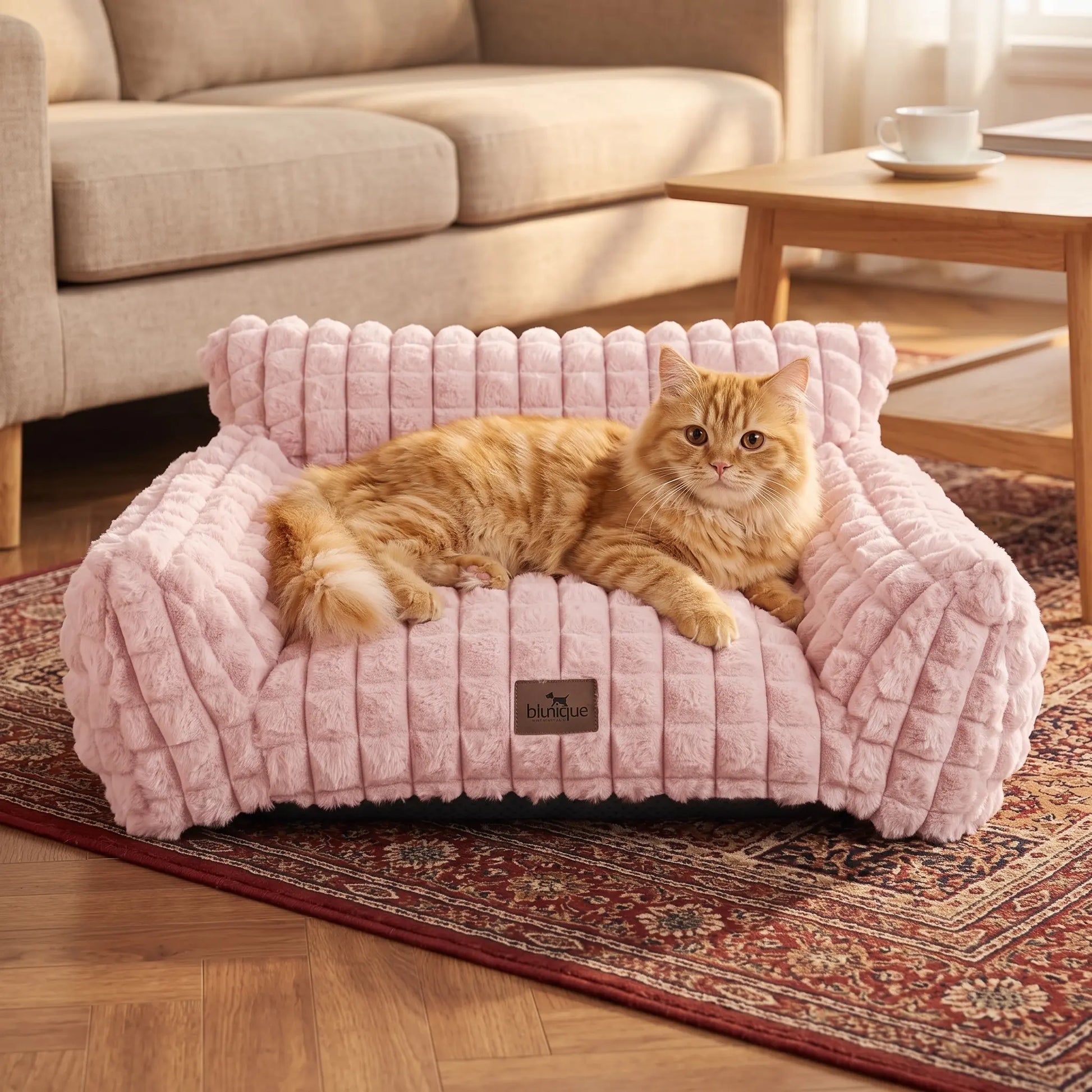 24-Inch Faux Rabbit Fur Pet Couch Bed for Cats - Luxurious 3D Diamond Pattern, Removable and Washable Cover, Non-Slip Base, Ideal for Small Dogs and Kittens