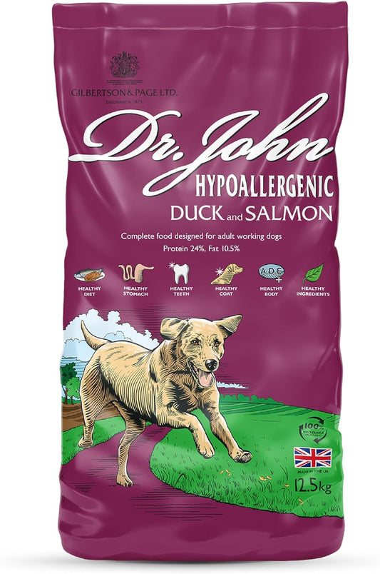 Hypoallergenic Duck & Salmon Dry Dog Food 12.5Kg – Wheat Free & Chicken Free Dog Food Recipe for Sensitive Stomach & Allergies – Complete Adult & Senior Working Dog Food