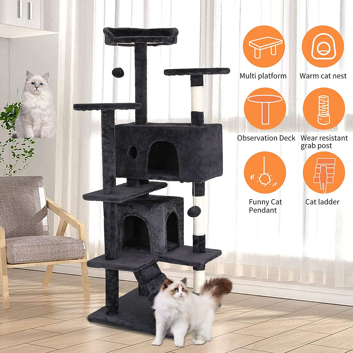 139Cm Cat Tree Tower for Indoor Cats,Multi-Level Furniture Activity Center with Scratching Posts Stand House Condo Funny Toys Kittens Pet Play House,Dark Gray