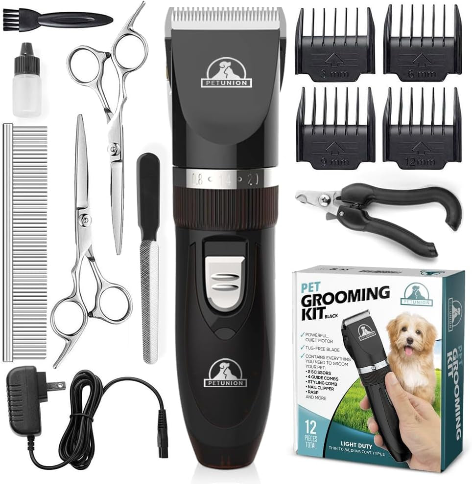 Professional Rechargeable Cordless Pet Grooming Kit with Low Noise Clippers and Accessories for Dogs, Cats, and Other Pets (Grey)