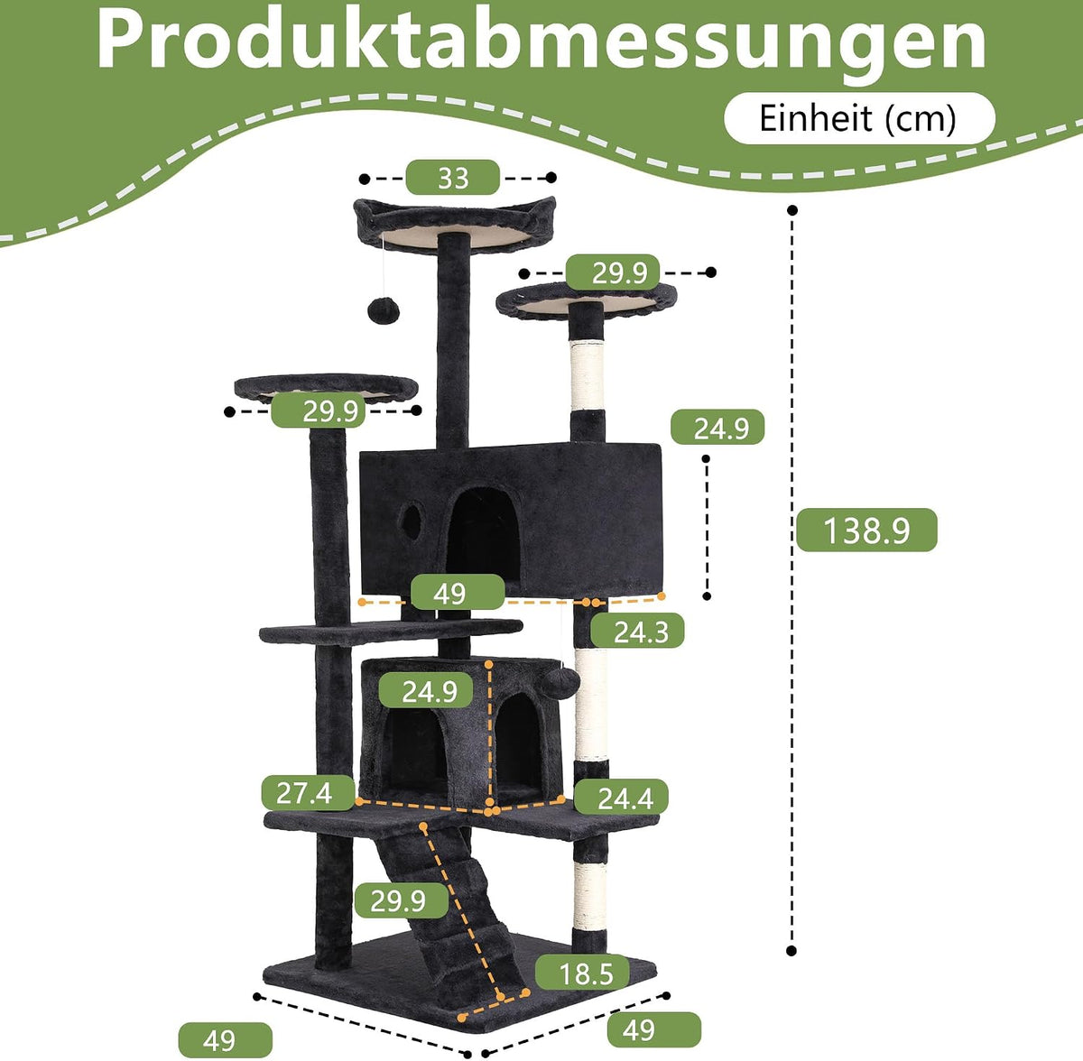 139Cm Cat Tree Tower for Indoor Cats,Multi-Level Furniture Activity Center with Scratching Posts Stand House Condo Funny Toys Kittens Pet Play House,Dark Gray