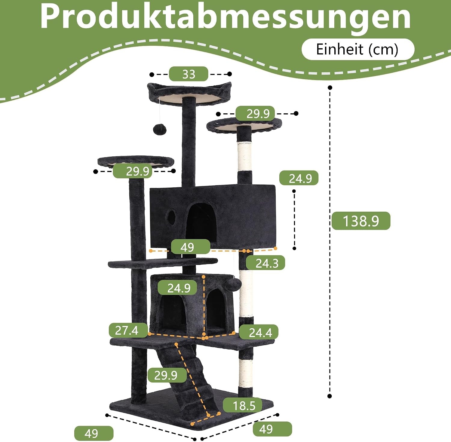 139Cm Cat Tree Tower for Indoor Cats,Multi-Level Furniture Activity Center with Scratching Posts Stand House Condo Funny Toys Kittens Pet Play House,Dark Gray