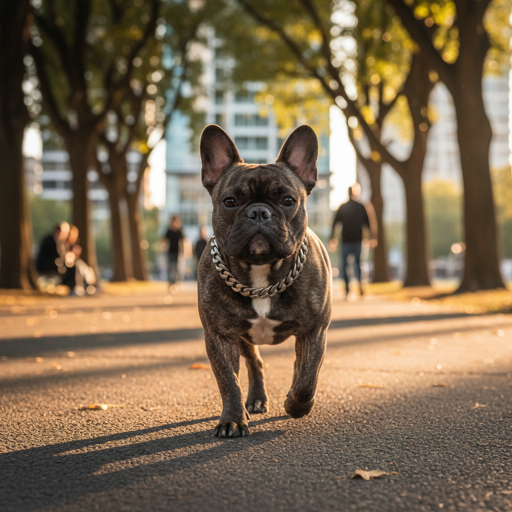 Dog wearing a silver Cuban chain collar in an urban park at golden hour