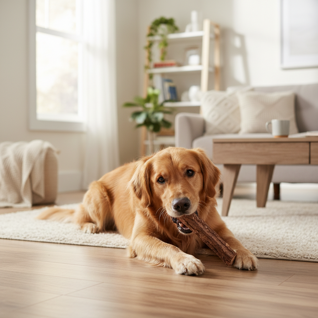 Happy dog chewing a natural coffee wood stick toy on a wooden floor at home